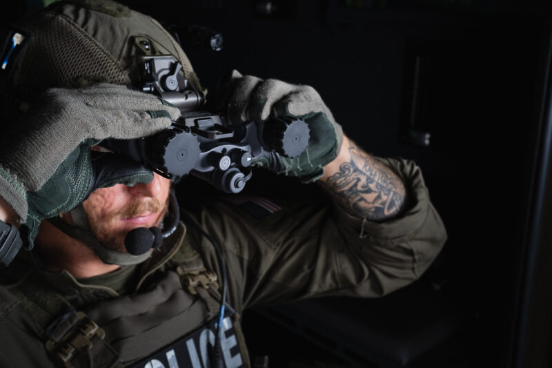 Police officer using Armasight BNVD-40 Gen 3 Pinnacle Night Vision Goggle