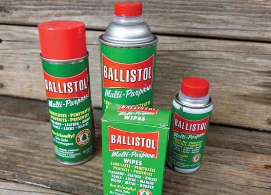 A variety of Ballistol products in their notable green packaging.