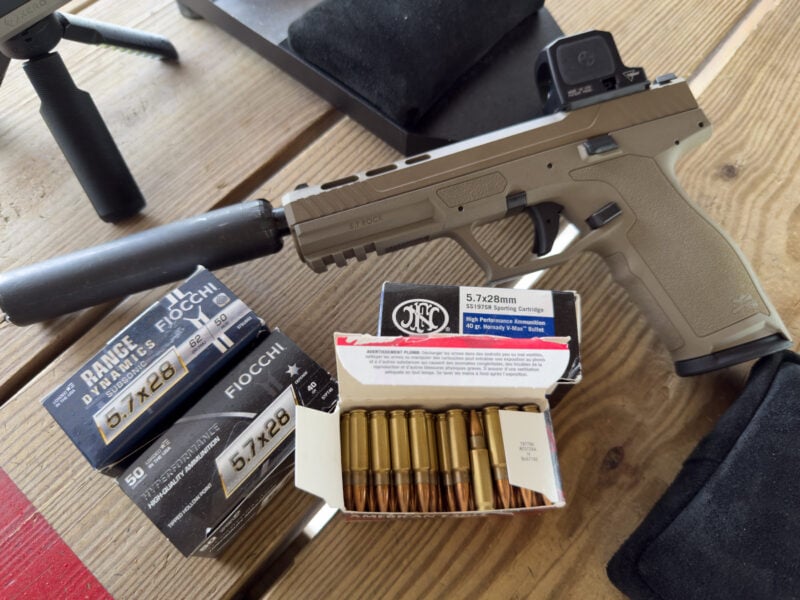 Quietly loud? This Palmetto State Armory 5.7 pistol sends tiny rounds downrange at between 1,700 and 1,800 fps depending on the specific load. At least the suppressor quiets it some!