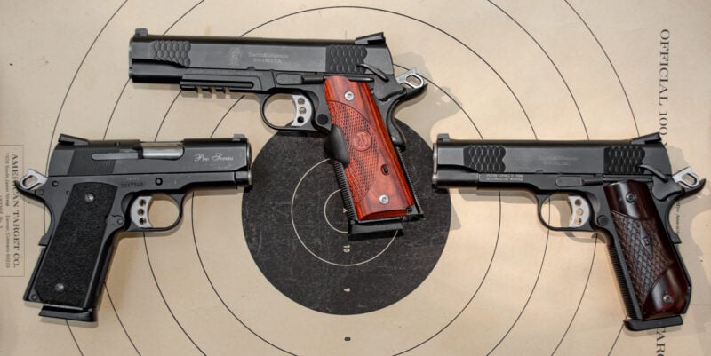 Left to right: The SW Pro Series Subcompact, a smaller variant of the Officers model; an SW1911TA E-Series Government model; and an SW1911Sc Commander model with a bobtail grip.