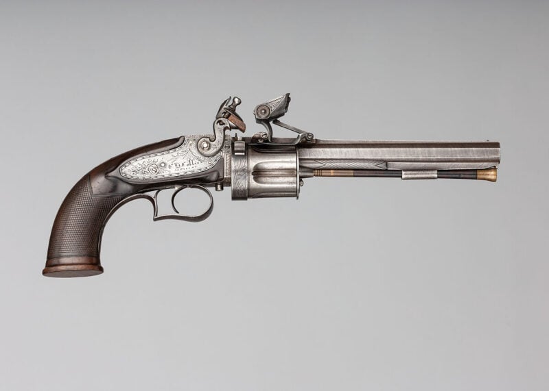 Elisha Collier's revolving flintlock, patented in England in 1818 Image: Met Museum accession 56.165. https://www.metmuseum.org/art/collection/search/27563