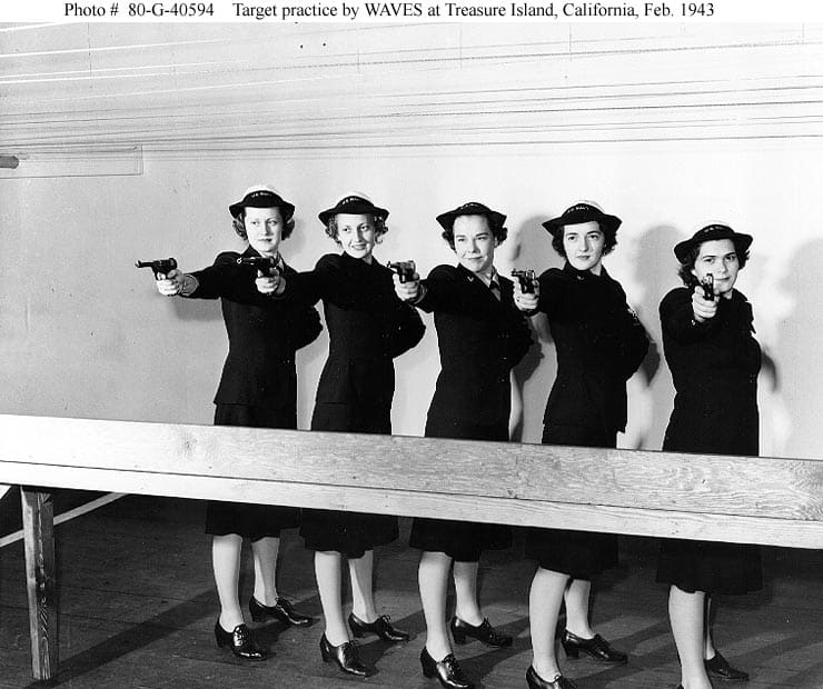 WAVES at pistol practice using High Standard Model B's, Treasure Island, Feb 1943.